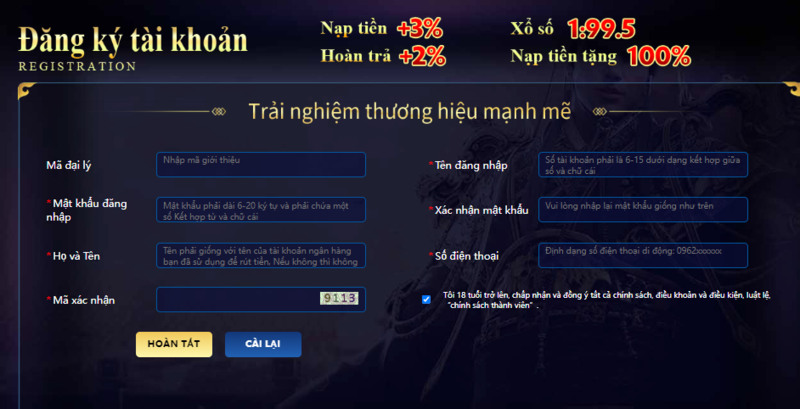 Đăng ký thông tin để tại tài khoản chơi game QH88